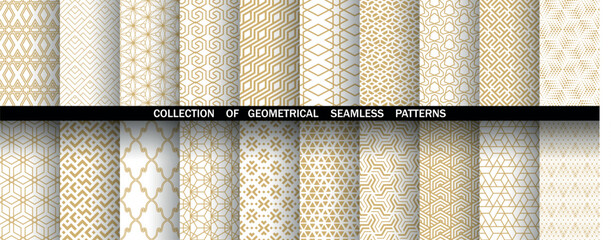 Geometric set of seamless golden and white patterns. Simple vector graphics