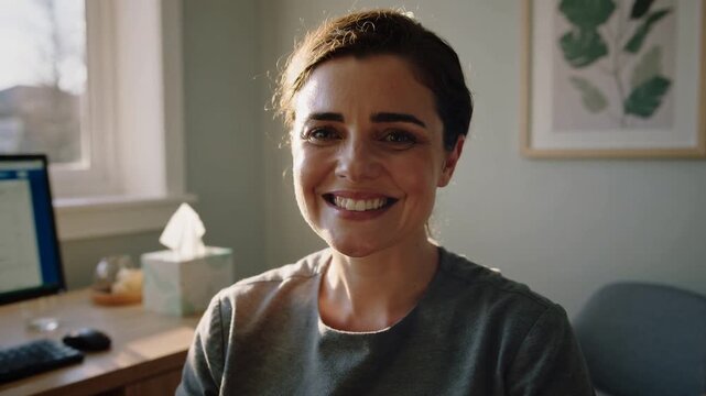 Shifting woman in grey top reacting to offscreen remark in office, with monitor and tissues