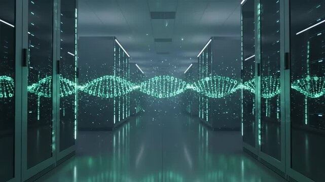 Green digital dna helix, composed of binary code, rotating in the middle of a futuristic server room, symbolizing the concepts of big data, bioinformatics, and genetic data storage
