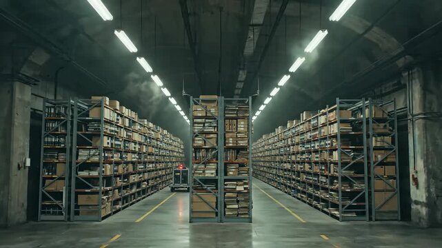 Rows of towering shelves filled with dusty boxes stretch endlessly within a cavernous, dimly-lit archive hall. The air hums with whispers of forgotten stories and secrets, inviting exploration.