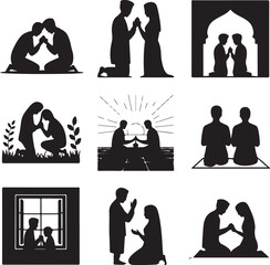 Silhouette of people in various praying and relationship poses