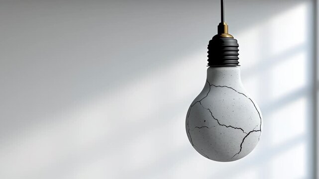 Cracked light bulb hanging from a black cord in a well-lit room, showcasing gradual changes in shadow and light across three frames, emphasizing the unique design and texture of the bulb