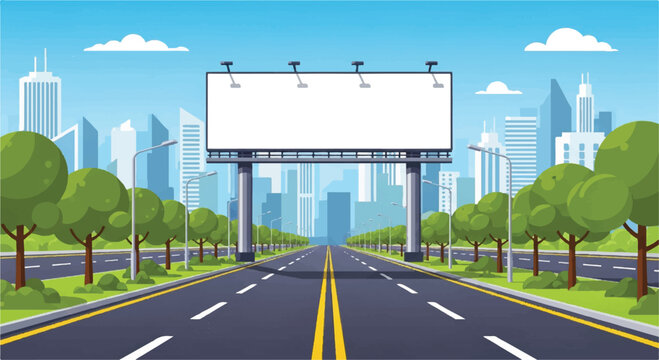 Driving past a cartoon highway with a billboard under a blue sky in a cityscape illustration, seen from a side perspective