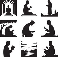 silhouette of people praying and reading in various positions and locations