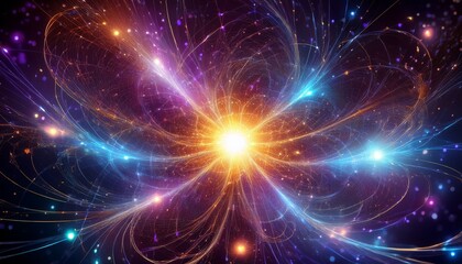 a vibrant visualization of subatomic particles orbiting a luminous core within a cosmic nebula