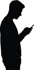 Man standing alone using phone in profile view illustration