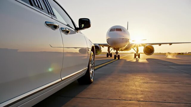 Elegant white limousine waiting on an airport tarmac as a large passenger airplane prepares for departure or arrival, with the warm, golden light of the setting sun creating a picturesque scene