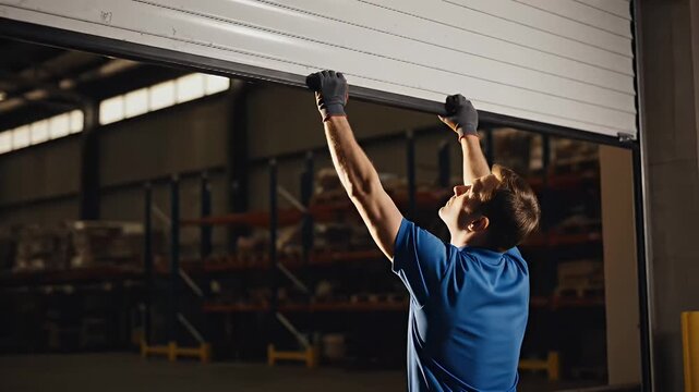 Man in a blue shirt stands beside a large white rolling shutter in an industrial warehouse setting