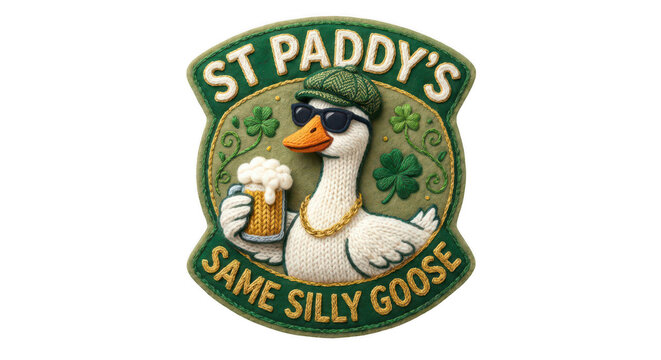 St paddy's pub logo with a goose holding a beer isolated on transparent background