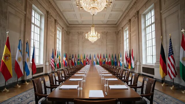 Elegant, empty conference room prepared for an international meeting or summit, with a long table and chairs lined by world flags. The camera smoothly pulls back, revealing the grand interior