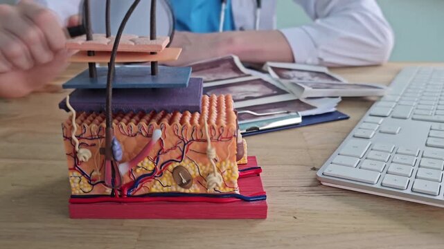 Medical model of skin anatomy with organs and structures in a doctor's office setup
