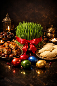 Azerbaijani Novruz holiday table with Semeni (green wheat), candles, traditional sweets, shekerbura, and paxlava on a copper tray.
