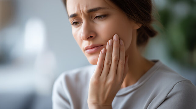 Hand touching cheek showing dental sensitivity pain person indicating tooth discomfort from temperature sensitivity oral health with sensitive teeth shown clearly home