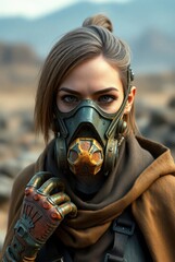 Masked wasteland survivor with mechanical glove in desert haze