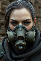 Post apocalyptic ranger portrait wearing respirator and hooded cloak