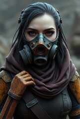Apocalyptic heroine with mechanical hand and weathered breathing mask