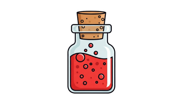 An illustration of a glass bottle with red liquid and cork on a transparent background from a front viewpoint