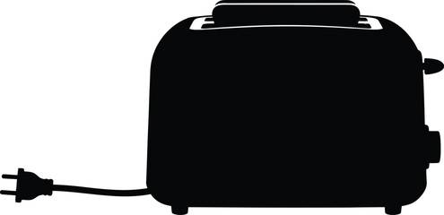 Electric toaster with plugged cord and controls on a simple white background viewed from the front