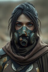 Female fighter in ruined valley wearing tactical respirator gear