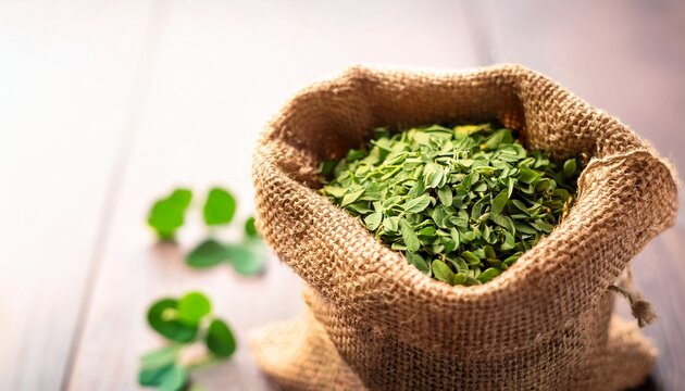 fenugreek leaves or methi leaves in a burlap bag fenugreek methi leaves herb spice cooking ingredient organic natural