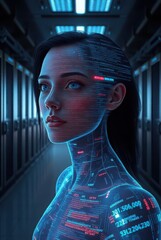 Digital female avatar with code skin in server hallway