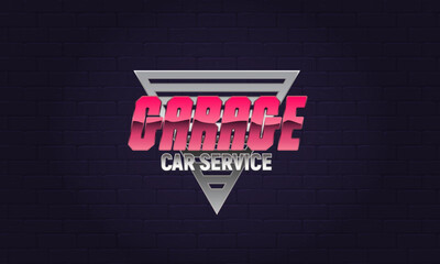 Garage car service logo. Garage retro style logo with metallic texture. Vintage inspired design for business branding, web banners and repair service logo. Print fot t-shirt. Vector illustration