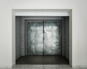 Closed metal garage door in empty building entrance