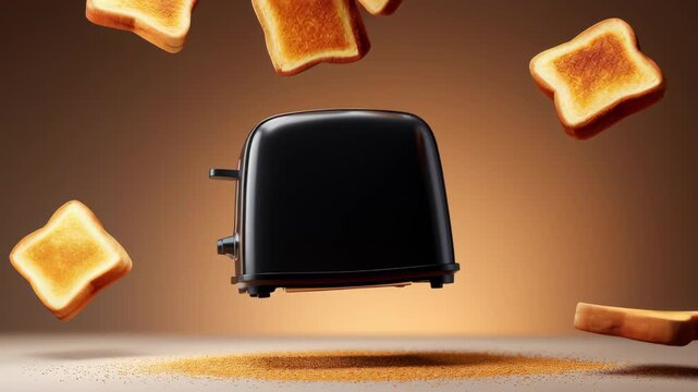 Toaster with floating slices of toasted bread in mid-air, showcasing a sleek design and shiny surface, with crumbs scattered on a smooth surface and a warm gradient background