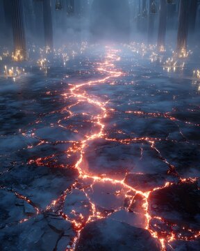 Cracked Lava Floor with Candles in a Dark Room, Dramatic Fantasy Scene with Glowing Orange Fissures and Smoke, Mysterious Atmosphere with Columns and Fog
