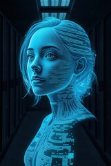 Synthetic woman hologram with circuitry patterns and blue glow