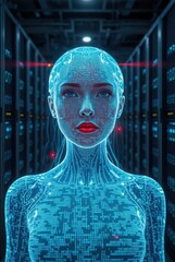 Hologram android woman in cyber corridor under ceiling lights