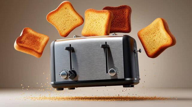 Toaster ejects multiple slices of toasted bread into the air, showcasing a dynamic scene with floating bread and scattered crumbs against a neutral background