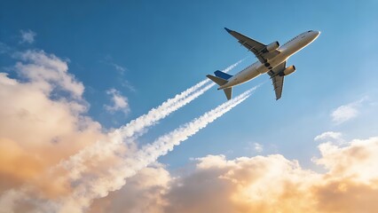 Obraz premium contrails. Airplane climbing into clear blue sky, leaving white trails against soft clouds. mobility guides, transit brochures, designed for mobility and urban transit guides, used by teachers.