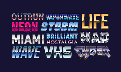 Retro futuristic text gradients templates. Outrun, vaporwave, neon storm, Miami vibe, VHS nostalgia and cyber text gradients for posters, music covers, branding and digital design. Vector illustration