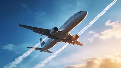 Obraz premium contrails. Airplane climbing into clear blue sky, leaving white trails against soft clouds. mobility guides, transit brochures, designed for mobility and urban transit guides, used by teachers.