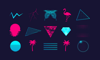 Icons set of retro futuristic neon elements in 1980s style including palm tree, flamingo, lightning bolt, diamond, sun, grid shapes and geometric lines.