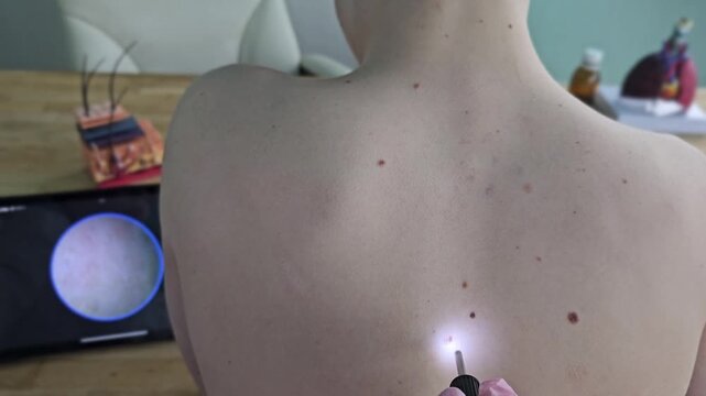 Doctor checks skin condition with light on patient&rsquo;s back in medical clinic during daylight hours