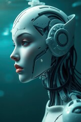 Underwater robotic woman profile with glowing technology detail