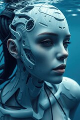 Serene underwater android portrait with white armor and depth 