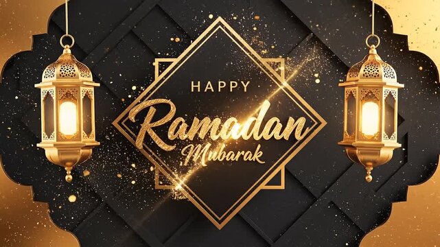 Happy Ramadan Mubarak greeting with elegant lanterns on black background
