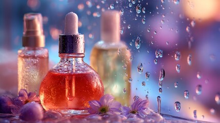 Glass Dropper Bottles with Colorful Liquid and Flowers on Wet Surface