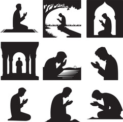 silhouette of people praying in various positions and locations