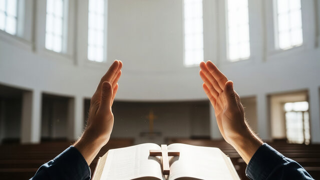 Adult hands blessing Bible with cross on Epiphany in church, sanctification and spirituality