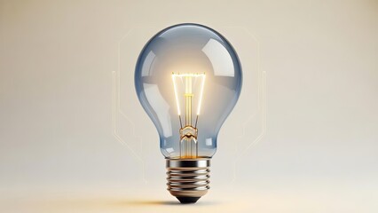 A glowing incandescent light bulb standing upright against a neutral light background representing ideas.