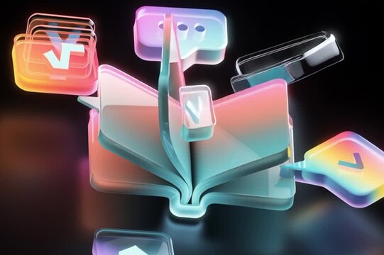 An open book with colorful, translucent pages, surrounded by floating digital icons representing communication and ideas.