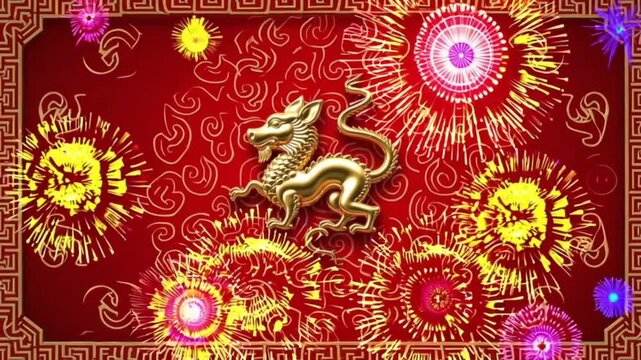 Lunar New Year, Spring Festival background with golden rat, fireworks, glittering stars, dragon pattern. Chinese new year red paper backdrop for holiday event. 3D rendering animation. Seamless loop 4k