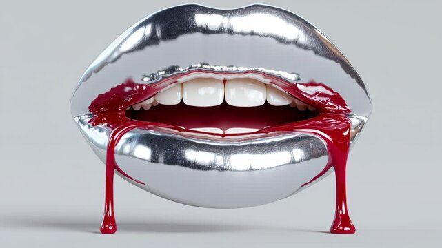 Metallic lips with dripping red liquid progressively reveal teeth and mouth interior, showcasing a striking visual effect against a neutral background
