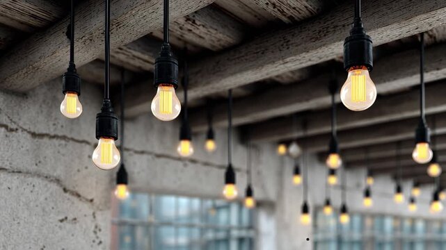 Decorative hanging light bulbs illuminate a rustic ceiling with wooden beams and concrete walls, creating a warm ambiance in an industrial-style setting