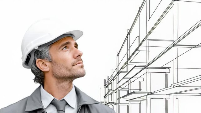 Male architect in hard hat and gray jacket gazes upward at construction plans, with detailed outlines of a building structure visible in the background, showcasing design and planning stages