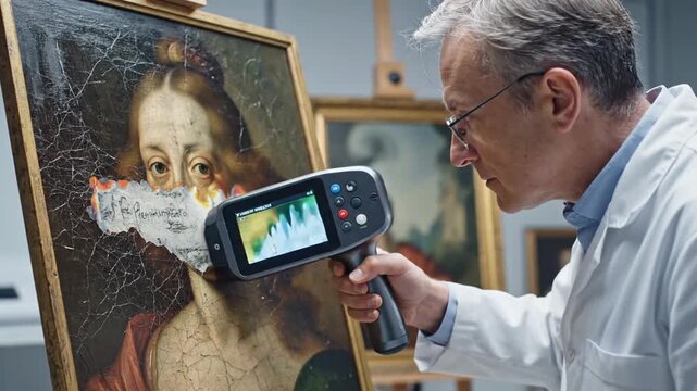 Art restorer examining damaged historical painting with spectral scanner